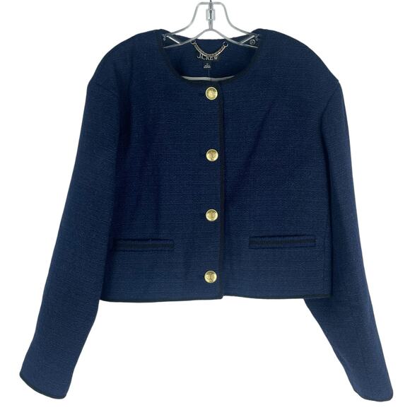J. Crew Tweed Bomber Lady Jacket Wool Blend Navy Gold Button Size 14 - Picture 5 of 13